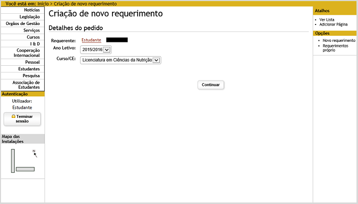 Imagem da pgina de criao de novo requerimento no SIGARRA