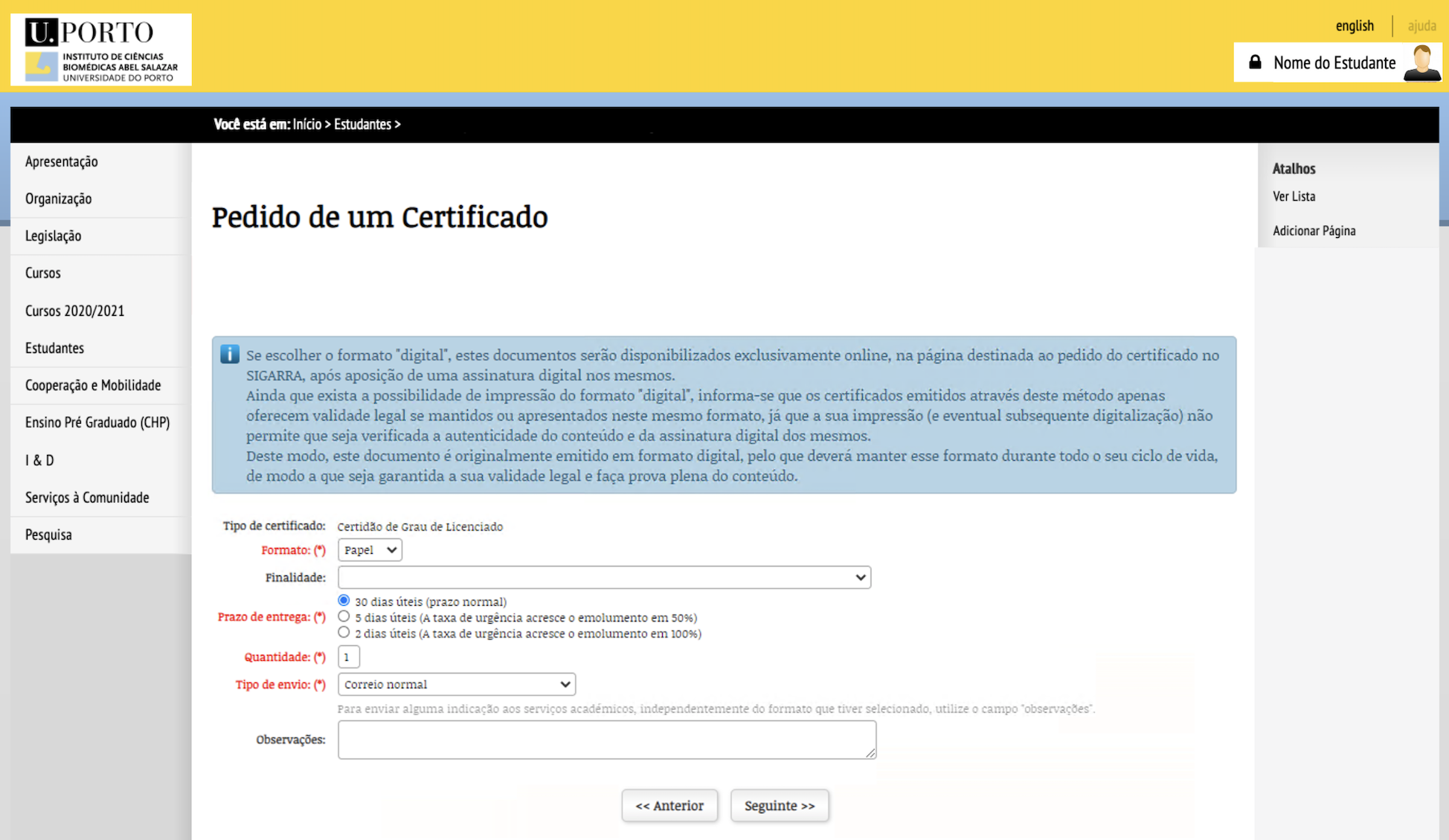 Fornecer informao para a certido