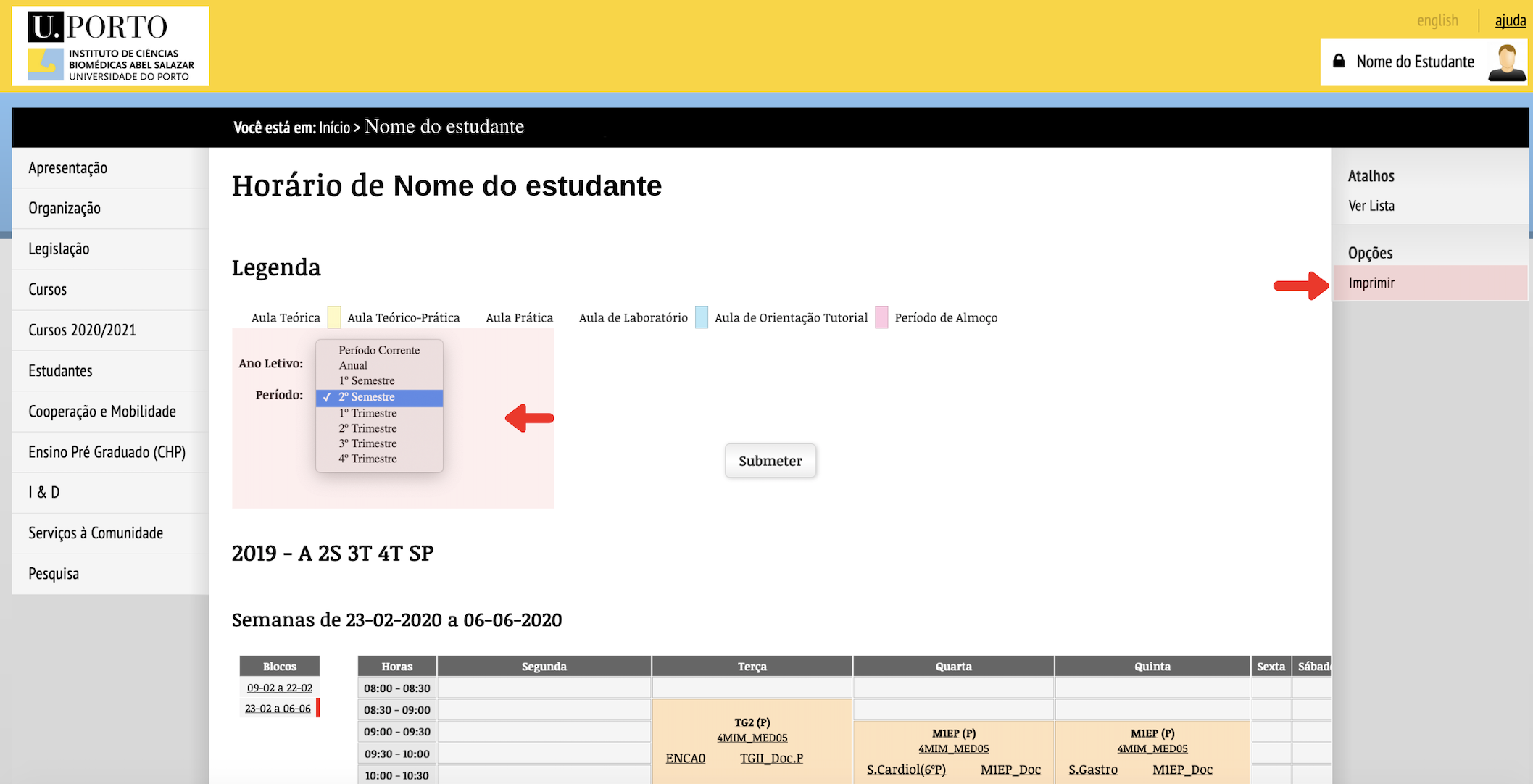 Consultar o horrio no periodos e ano letivo