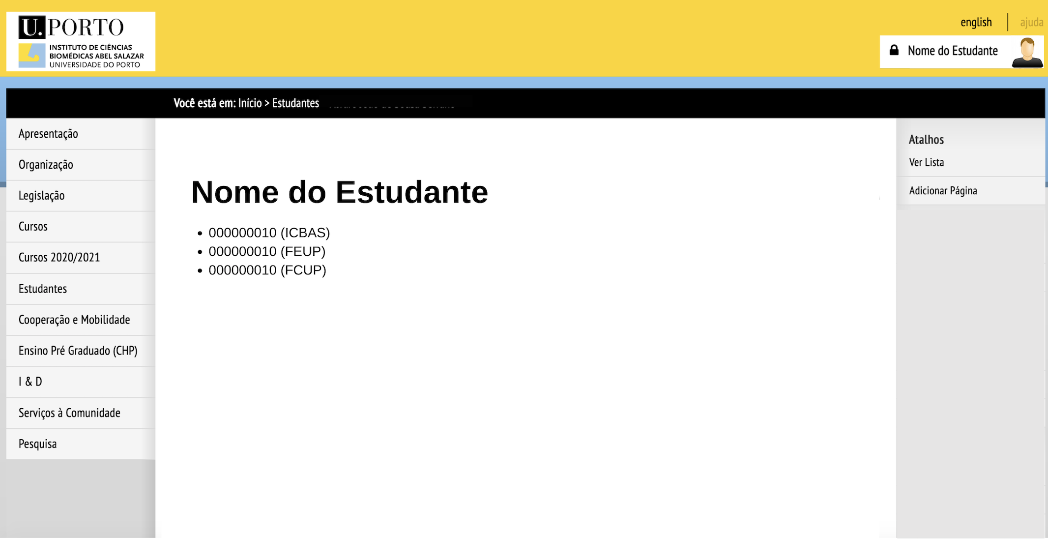 Aceder  pgina pessoal do estudante
