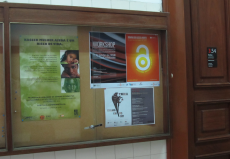 cone da foto dos posters de divulgao da Semana AL 2013 e de um Workshop no placard do 3 piso do edifcio da Reitoria da U.Porto