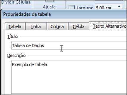Separador para inserção do título e da descrição sumária da tabela
