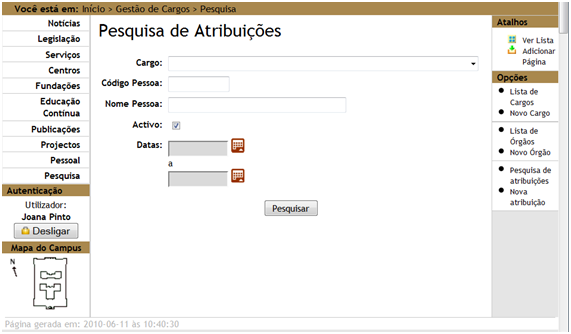 Imagem do ecr de pgina institucional de pesquisa de atribuies de cargos
